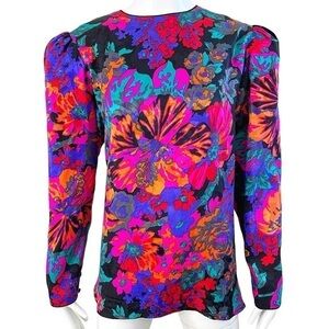 1980s Flora Kung Size 8 Hibiscus Tropical Bright Color Hawaiian Vintage Blouse